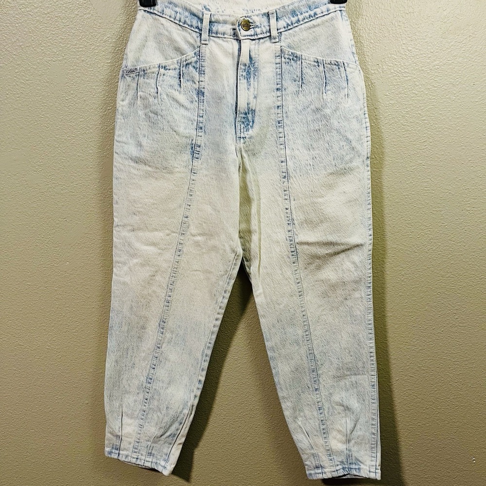 Vintage Chic Acid Wash Jeans Blue White High Waist Tapered‎ Retro Size 9 Petite